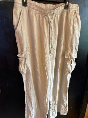 Serra Beige Cargo Linen-Blend Drawstring Pants L/XL